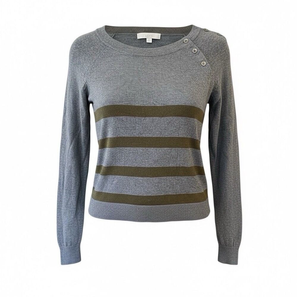 LOFT Grey w/Olive Green Stripes Pullover Sweater Sz XS Button Detail Classic